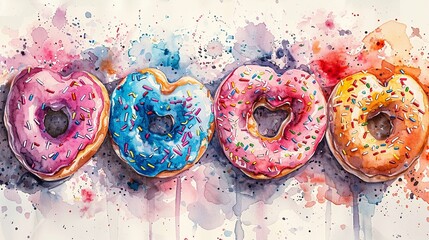 Heart-shaped pastel watercolor donuts with sprinkles, Watercolor, Pastel, Fun