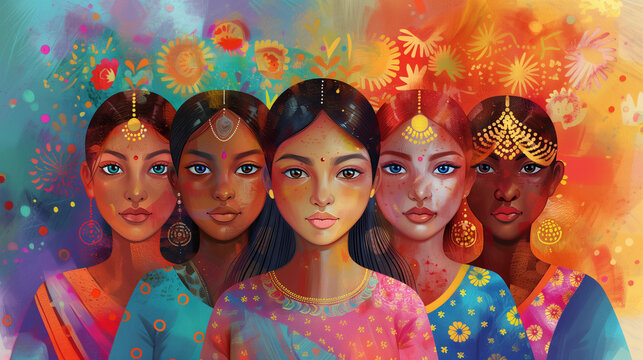 Group of five women in traditional attire with neon accents, representing unity in diversity,Indian unity representing diversity and harmony, set against a colorful, abstract background.