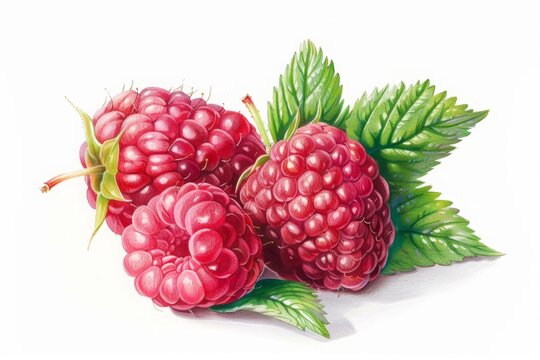 Illustration of three ripe red raspberries with green leaves on a white background. Botanical watercolor painting style. Food and nature concept for design and print. Generative AI