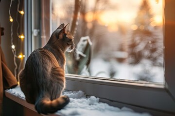 A cat gazes out a snowy window at sunset, surrounded by a warm, cozy ambiance created by twinkling lights and a serene winter landscape.