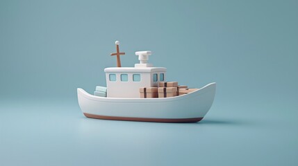 Obraz premium A small model cargo ship carrying boxes, depicted against a light blue background. Minimalist and modern transport concept. 3D Illustration.