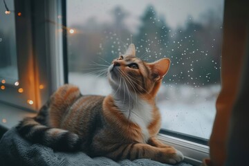 A charming cat gazes outside a window on a rainy day, surrounded by cozy lights and a peaceful, winter background.