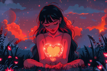 lofi detailed vector illustration of young beautiful woman holding glowing heart, in the nature, at night