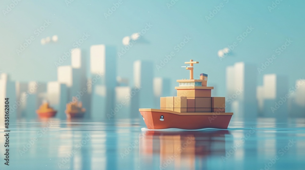 Poster a cargo ship navigating through calm waters with a cityscape background and other ships in the dista