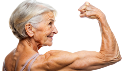 A muscular old woman with her strong arm, showcasing her biceps
