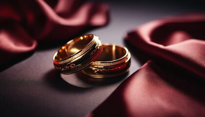 Two golden rings on a dark red draped sating. 
