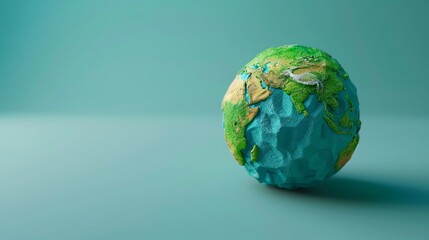 Fototapeta premium A colorful miniature globe resting on a teal background, depicting continents with textured details. Ideal for environmental and educational themes. 3D Illustration.