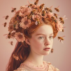 beautiful girl with honeycomb, flowers and bees instead of hair, background light pink, looking far away. She is like a Bee fairy. The portrait is minimalistic, retro style, concept is natural honey. 