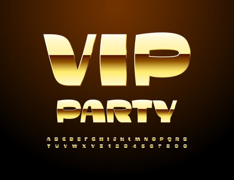Vector trendy emblem Vip Party. Stylish Golden Font. Premium Alphabet Letters and Numbers set.