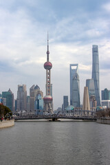 Waibaidu Bridge and Shanghai Pudong buildings in the background, photographed on the Bund, Shanghai, China