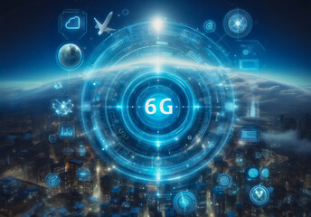 Eine modern, beleuchtete Stadt bei Nacht. ein Schild mit dem Text " 6G" , Technologie Konzept