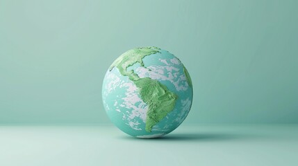 A stylized globe depicting Earth with a focus on the Americas, set against a soft teal gradient background. Perfect for environmental concepts. 3D Illustration.
