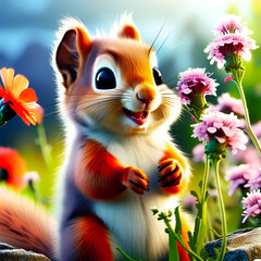 small squirrel smelling wildflowers, happy animal  cartoon illustration