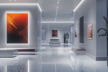Sophisticated Avant Art Gallery layout displaying modern algorithmic art in a sleek, minimalist setting, celebrating the intersection of mathematics and artistic form,
