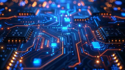 Obraz premium Closeup of illuminated microchip with blue and orange circuits representing advanced technology