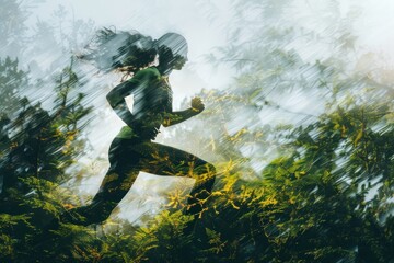 Fototapeta premium A woman running through a forest with trees in the background
