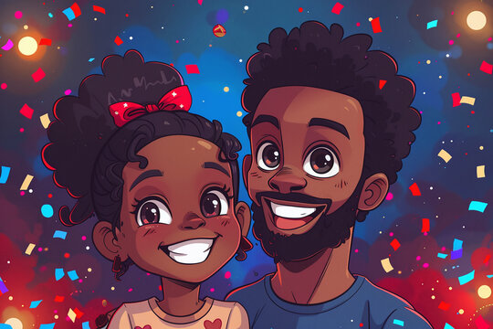 Cartoon Illustration Of Happy Black Family Celebrating 4th Of July