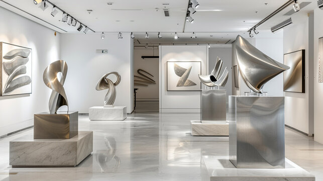 Sophisticated Avant Art Gallery layout displaying modern metal sculptures in a clean, minimalist space, emphasizing craftsmanship and innovative design,