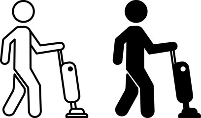 Cleaning icons. Black and White Vector Icons. Man Doing Cleaning with Vacuum Cleaner. Hotel and Tourism Concept