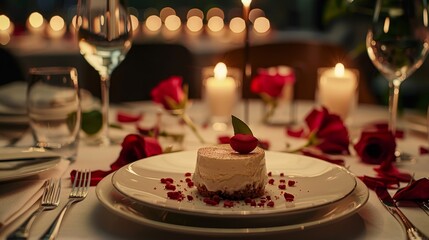 65. Elegant table setting with gourmet dessert, romantic candlelight, and luxurious restaurant ambiance