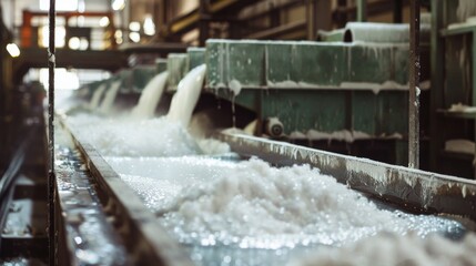 A conveyor belt is filled with white powder