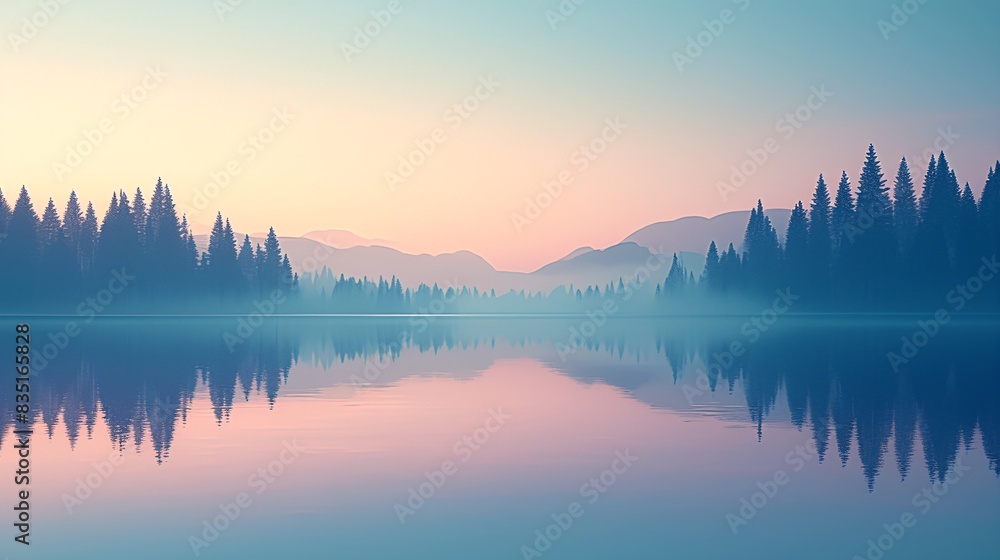 Poster calm lake at dawn with a reflection of the surrounding trees