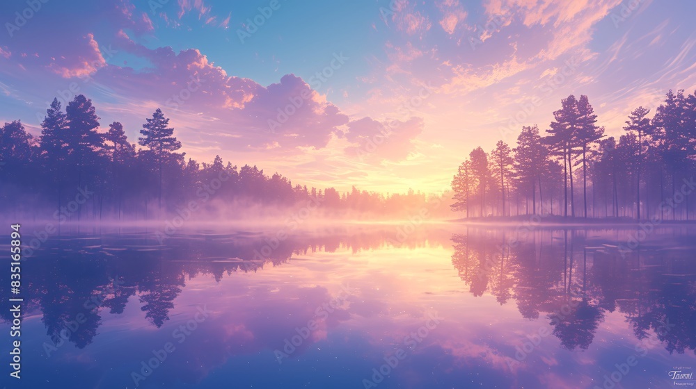 Poster calm lake at dawn with a reflection of the surrounding trees