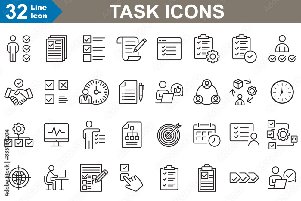 Poster task outline icons set vector illustrator. conceptualise icon themes and styles. design and create v