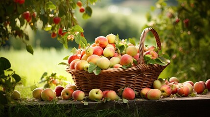 Photograph of a rustic wooden basket overflowing with freshly picked organic apples, pears, and peaches, set against a backdrop of lush green orchard foliage