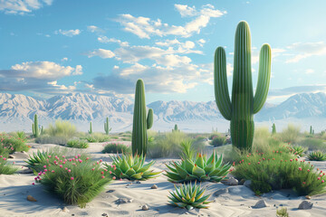 Cacti and succulents in a sandy desert landscape, 3d render