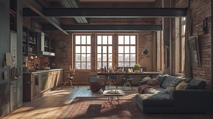 Industrial-style loft apartment with exposed brick and modern furniture