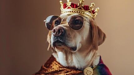 Obraz premium Labrador retriever sitting majestically with a rainbow cape and a gold crown for pride month