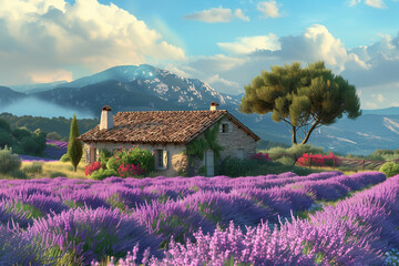 Purple lavender field in Provence France with a rustic farmstead nestled amid the blooms