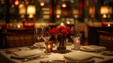 62. An elegant restaurant with a luxurious candlelit dinner, gourmet meal, and upscale decor