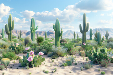 Cacti and succulents in a sandy desert landscape, 3d render