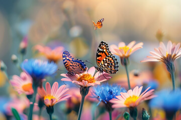 Butterflies fluttering around colorful summer flowers