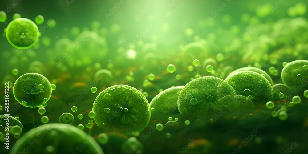 Poster visual representation of green algae cells in three-dimensional rendering. concept algae cells, thre