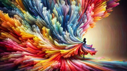 Silhouette of a woman amidst a colorful explosion of flowing forms, creating a sense of movement and energy, ideal for artistic and conceptual themes.