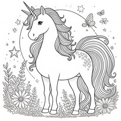 Black and white coloring book page, Unicorn