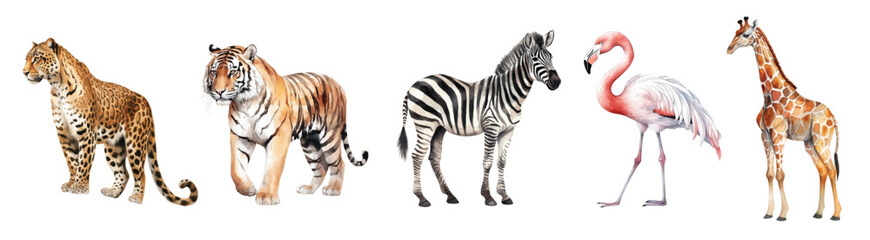 Obraz premium Watercolor set with leopard, tiger, flamingo, zebra and giraffe