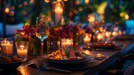 56. Elegant table setting with gourmet appetizers, sophisticated ambiance, and candlelit dining experience