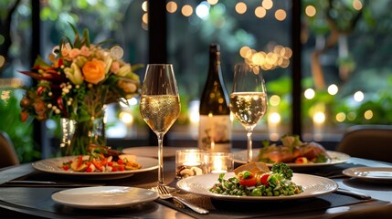 Naklejka premium 56. Elegant table setting with gourmet appetizers, sophisticated ambiance, and candlelit dining experience