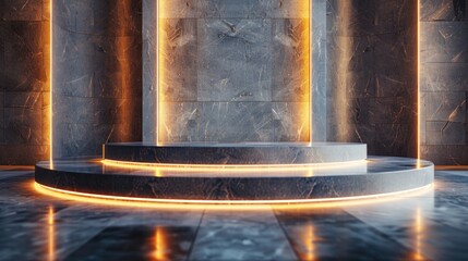 Fototapeta premium Modern Illuminated Marble Podium with Abstract Dark Stone Background
