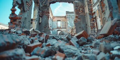 Fototapeta premium Abandoned WarTorn Building with Rubble and Blue Sky in the Background