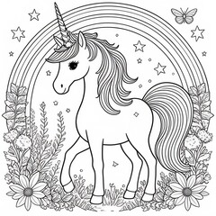 Black and white coloring book page, Unicorn