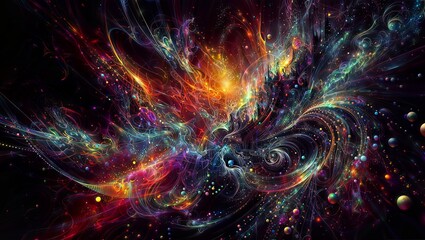Fototapeta premium Cosmic explosion of colors and shapes with swirling patterns and a central burst of energy, resembling a nebula or galaxy, perfect for creative projects.