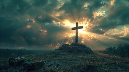 Sunset Cross Landscape  Spiritual Symbolism, Dramatic Sky, Christian Faith, Evening Light, Nature Scene