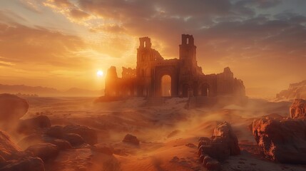 Obraz premium The majestic ruins of an ancient fortress bathed in the warm, golden light of the setting sun. The crumbling stone walls and arches stand tall amidst the vast desert landscape.