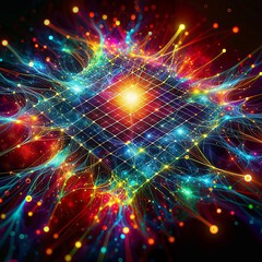 Obraz premium Quantum computing grid with colorful neural network pathways, highlighting futuristic technology and digital connections, ideal for tech-themed visuals.
