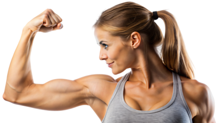 Close-up portrait of a muscular woman flexing her arm to show off her bicep